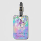 可愛い虹色の青いグリッターバルーンのモノグラム ラゲッジタグ (正面縦)