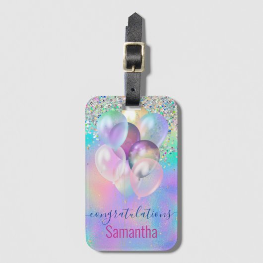 可愛い虹色の青いグリッターバルーンのモノグラム ラゲッジタグ (正面縦)
