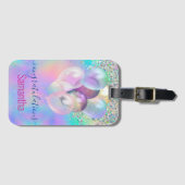 可愛い虹色の青いグリッターバルーンのモノグラム ラゲッジタグ (正面横)