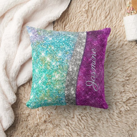 可愛い虹色パープルティール(緑がかった色)フェイクグリッターモノグラム クッション (ブランケット)