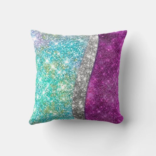 可愛い虹色パープルティール(緑がかった色)フェイクグリッターモノグラム クッション (裏面)