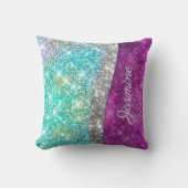 可愛い虹色パープルティール(緑がかった色)フェイクグリッターモノグラム クッション (正面)