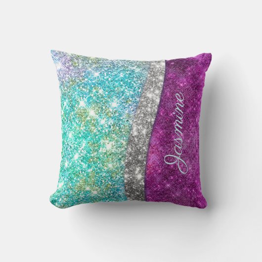 可愛い虹色パープルティール(緑がかった色)フェイクグリッターモノグラム クッション (正面)