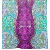 可愛い虹色パープルティール(緑がかった色)フェイクグリッターモノグラム シャワーカーテン (正面)