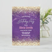 可愛い虹色パープル金ゴールドフェイクグリッターモノグラム 招待状 (スタンド正面)