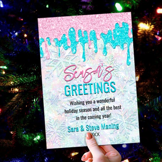 可愛い虹色ピンクのアクアフェイクグリッタークリスマス シーズンカード