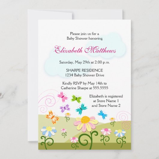 可愛い蝶とデイジー赤ちゃんシャワー 招待状 (正面)