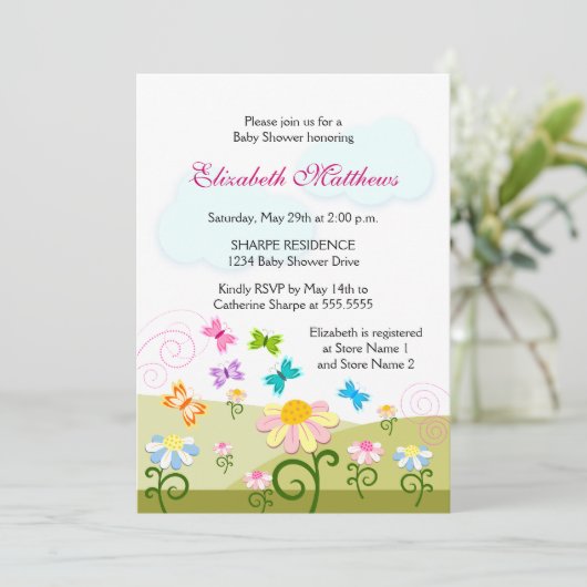 可愛い蝶とデイジー赤ちゃんシャワー 招待状 (スタンド正面)