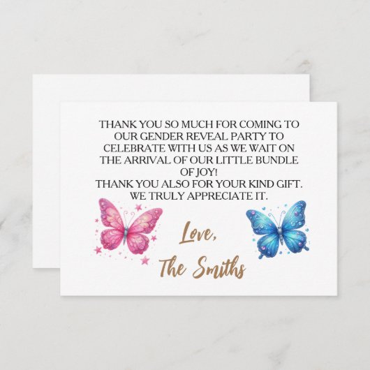 可愛い蝶のジェンダーリビールパーティー園 サンキューカード (正面/裏面)