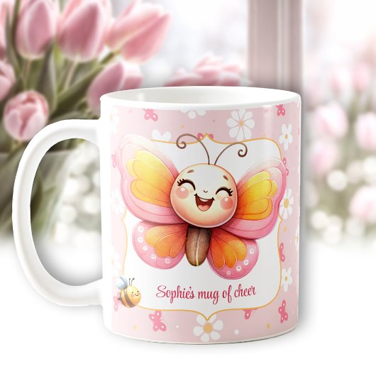 可愛い蝶のピンクの花柄 名前入り マグカップ
