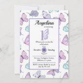 可愛い蝶テーマの最初の誕生日パープル&ホワイト 招待状 (正面)