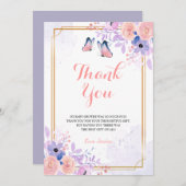 可愛い蝶パープルピンクフローラガールベビーシャワー サンキューカード (正面/裏面)