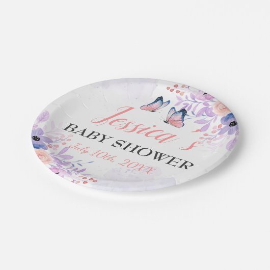 可愛い蝶パープルピンクフローラガールベビーシャワー ペーパープレート (アングル)