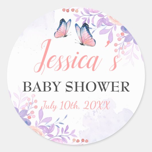 可愛い蝶パープルピンクフローラガールベビーシャワー ラウンドシール (正面)