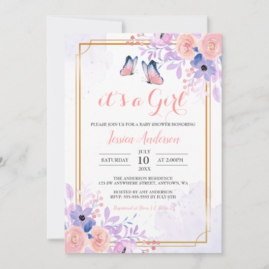 可愛い蝶パープルピンクフローラガールベビーシャワー 招待状 (正面)