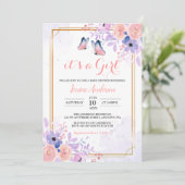 可愛い蝶パープルピンクフローラガールベビーシャワー 招待状 (スタンド正面)