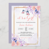 可愛い蝶パープルピンクフローラガールベビーシャワー 招待状 (正面/裏面)