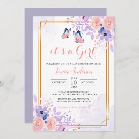 可愛い蝶パープルピンクフローラガールベビーシャワー 招待状 (正面/裏面)