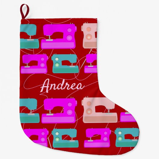 可愛い裁縫マシンのパターンをテーマに制作 ラージクリスマスストッキング (正面)