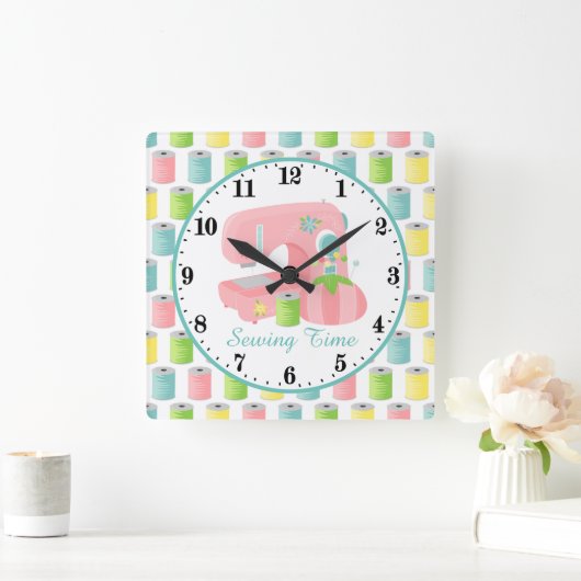 可愛い裁縫ルームの装飾メッセージの追加 スクエア壁時計 (ホーム)