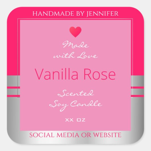 可愛い製品包装ラベルガーリーピンクとシルバー スクエアシール (正面)