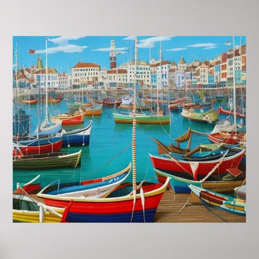 可愛い観光客のモダン町の港ファンタジー ポスター (正面)