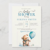 可愛い詰まったテディベアとブルーバルーンベビー 招待状 (正面)