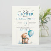 可愛い詰まったテディベアとブルーバルーンベビー 招待状 (スタンド正面)