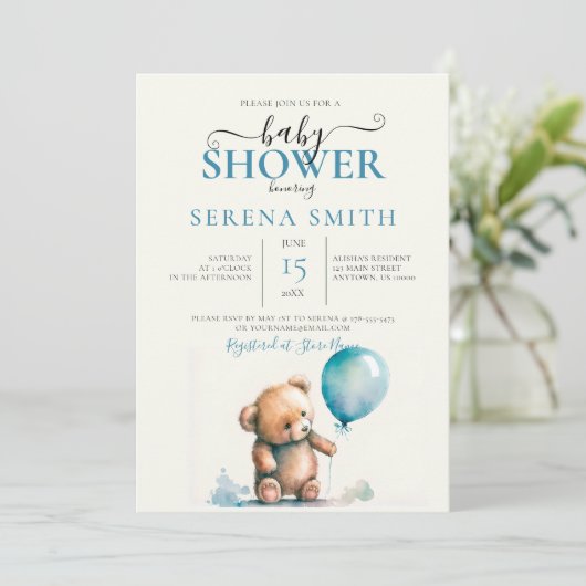 可愛い詰まったテディベアとブルーバルーンベビー 招待状 (スタンド正面)