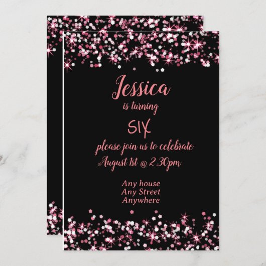 可愛い誕生日の招待ピンクの黒の編集可能 招待状 (正面/裏面)