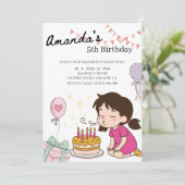 可愛い誕生日ケーキ女の子の誕生日パーティー 招待状 (スタンド正面)