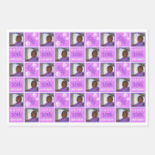 可愛い誕生日パープル3写真任意の年齢の追加の名前 ラッピングペーパーシート (正面3)