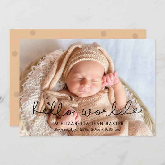 可愛い誕生発表写真カード – Hello world 案内状 (正面/裏面)