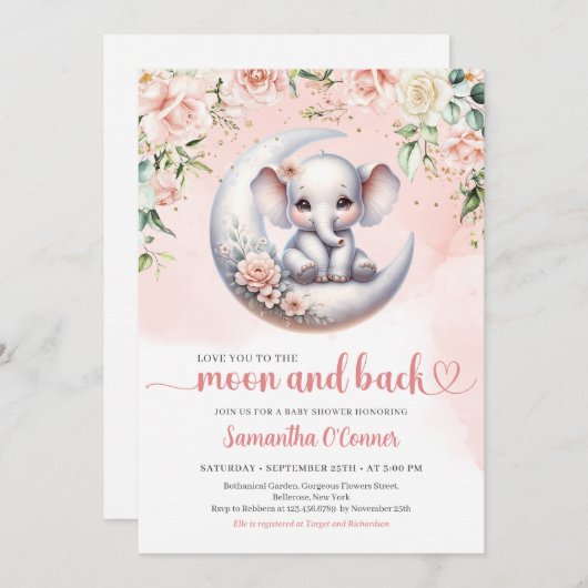 可愛い象が月と後ろの女の子にあなたを愛している 招待状 (正面/裏面)