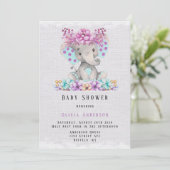 可愛い象と紫ティール（緑がかった色）フローラ赤ちゃんシャワー 招待状 (スタンド正面)