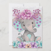 可愛い象と紫ティール（緑がかった色）フローラ赤ちゃんシャワー 招待状 (裏面)