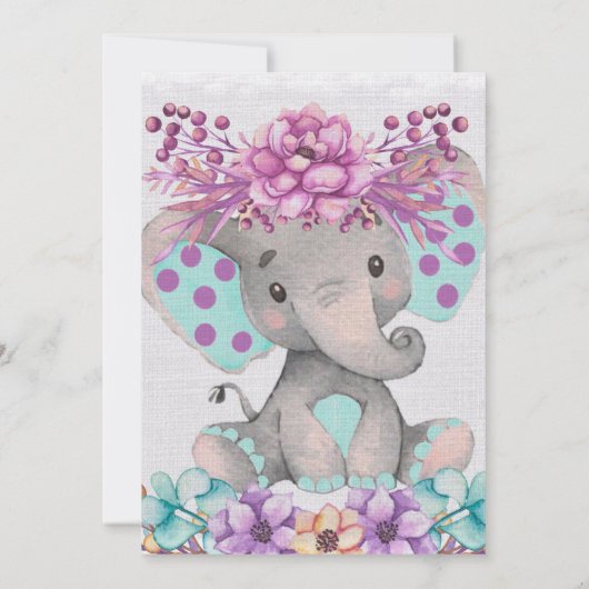 可愛い象と紫ティール（緑がかった色）フローラ赤ちゃんシャワー 招待状 (裏面)