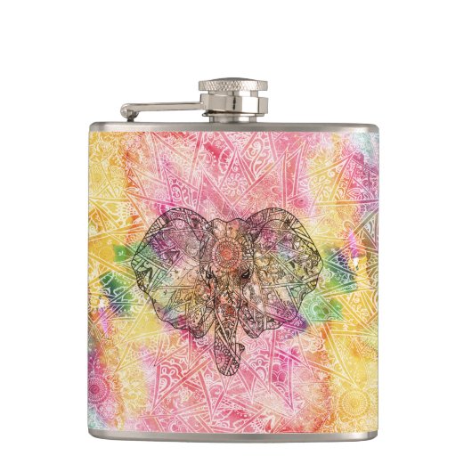 可愛い象のウェットカラー手描きヘナフローラ フラスク (正面)