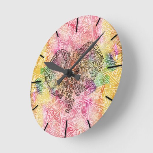 可愛い象のウェットカラー手描きヘナフローラ ラウンド壁時計 (傾斜)