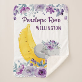 可愛い象のバナナ+紫の花+名前 シェルパブランケット