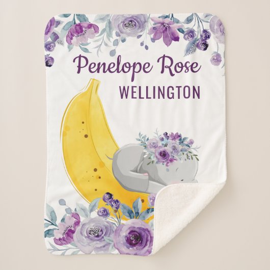 可愛い象のバナナ+紫の花+名前 シェルパブランケット (正面)