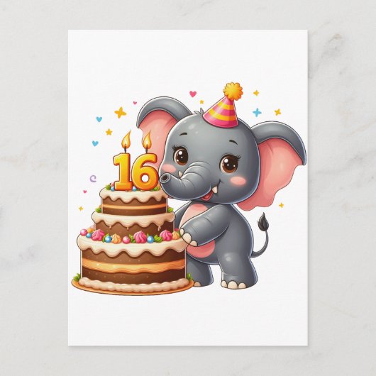 可愛い象の十六歳の誕生日 インビテーションポストカード (正面)