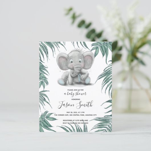 可愛い象の男の子葉と男の子のシャワーのための男の子 (スタンド正面)