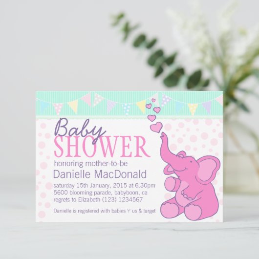 可愛い象の赤ちゃんシャワーのバンティングピンクの招待状 招待状 (スタンド正面)