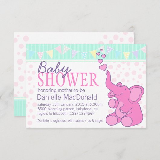 可愛い象の赤ちゃんシャワーのバンティングピンクの招待状 招待状 (正面/裏面)