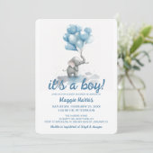 可愛い象の青いバロン男の子の赤ちゃんシャワー 招待状 (スタンド正面)