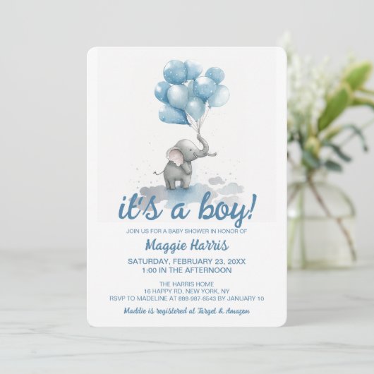 可愛い象の青いバロン男の子の赤ちゃんシャワー 招待状 (スタンド正面)
