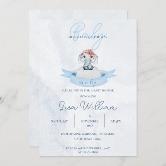 可愛い象の青その男の子の赤ちゃんシャワー 招待状 (正面/裏面)