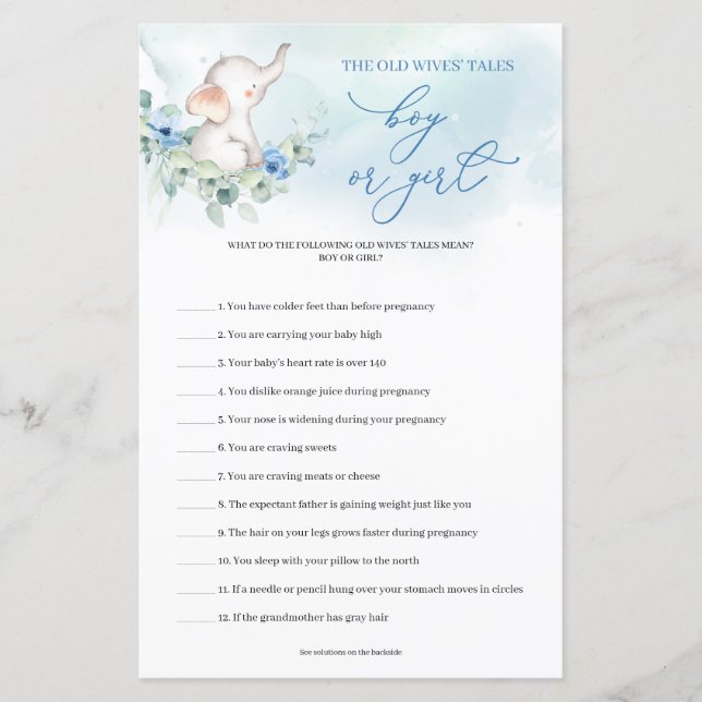 可愛い象の青の推測の男の子または女の子の物語のゲーム (正面)