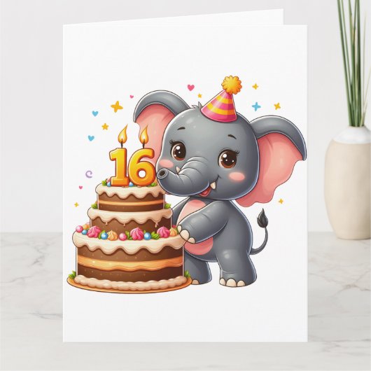 可愛い象の16歳の誕生日 カード (正面)